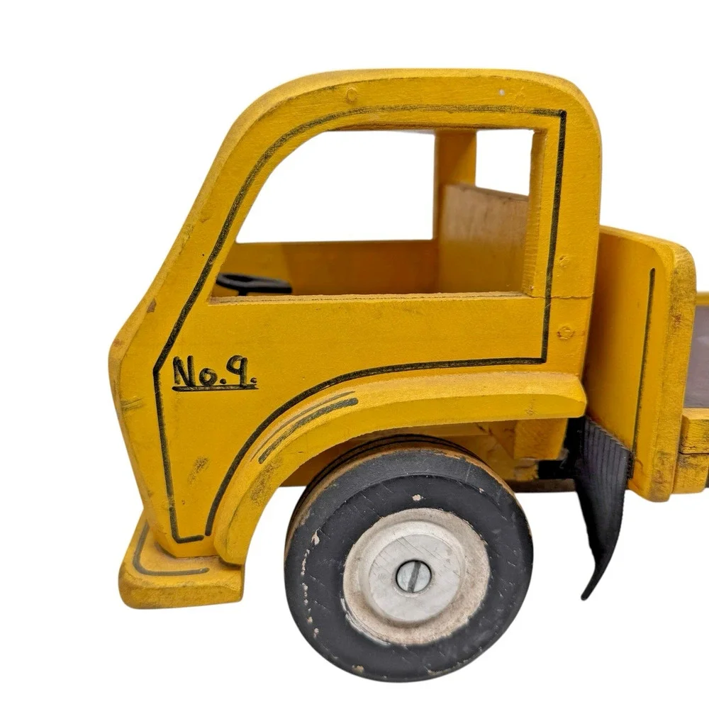 Vintage 1950s Handmade Wooden Ford No.9 Flatbed Toy Truck Yellow Missing Wheel